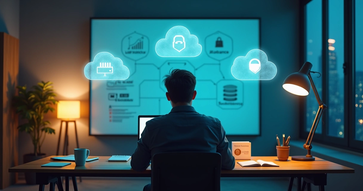 Fundador de pequeno SaaS analisando maquetes de nuvens com ícones de serviços 