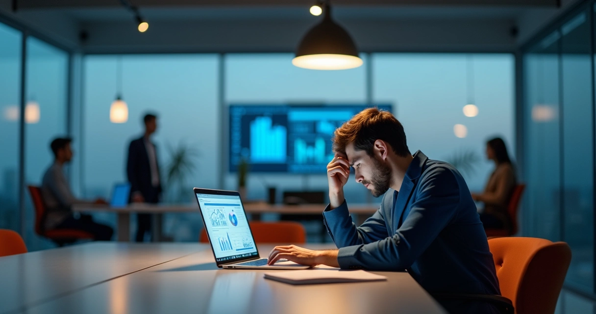 Líder de startup de tecnologia exausto em frente a telas com gráficos e equipe ao fundo 