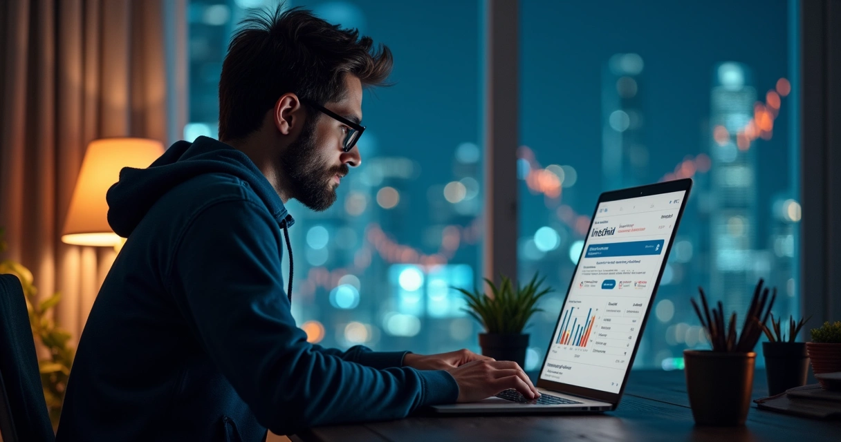 Fundador usando notebook com gráficos de crescimento de leads no LinkedIn 