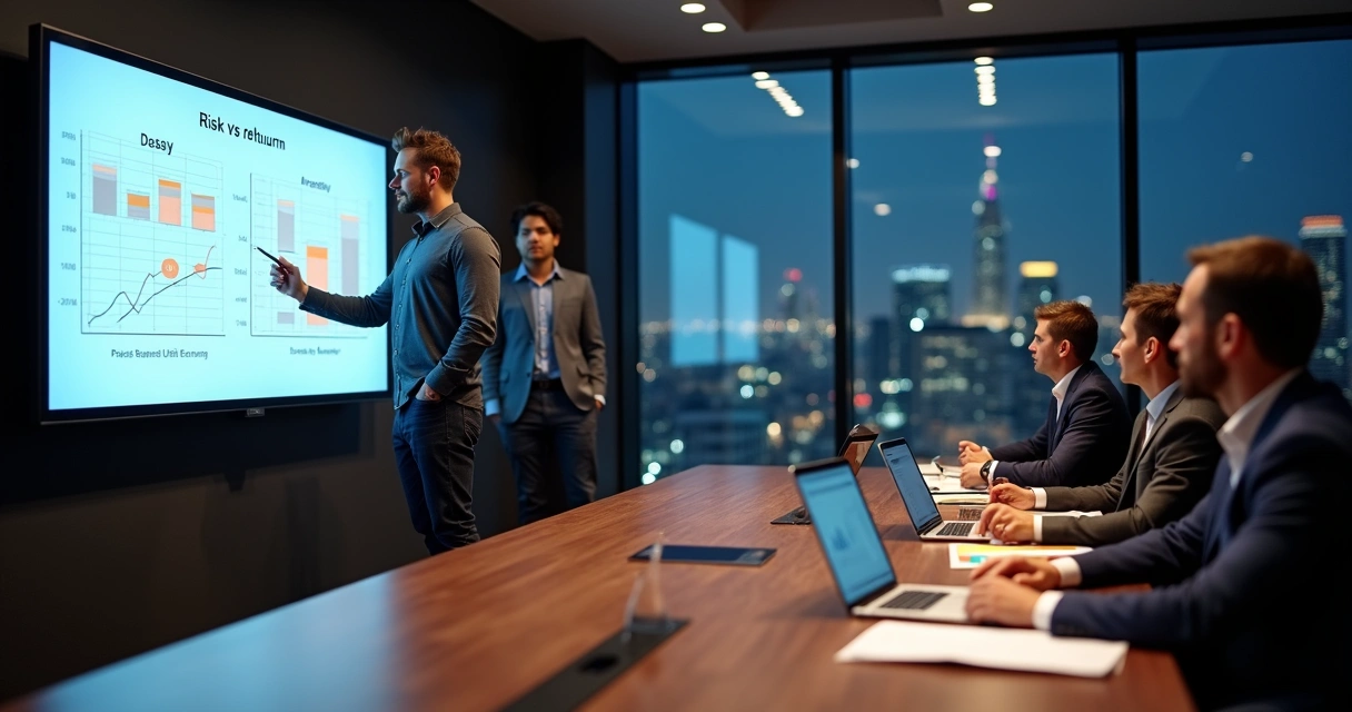 Fundador de startup apresenta matriz de risco e retorno a investidores em uma mesa de reunião 