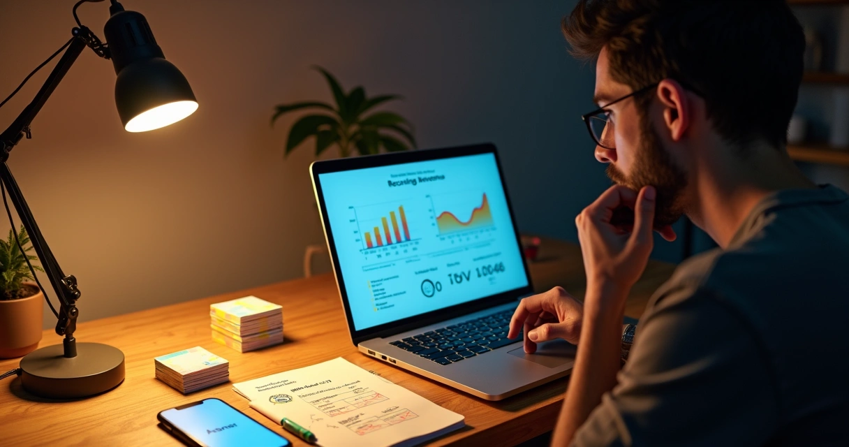 Empresário organizando negócio de assinatura com ícones de pagamento recorrente na tela 