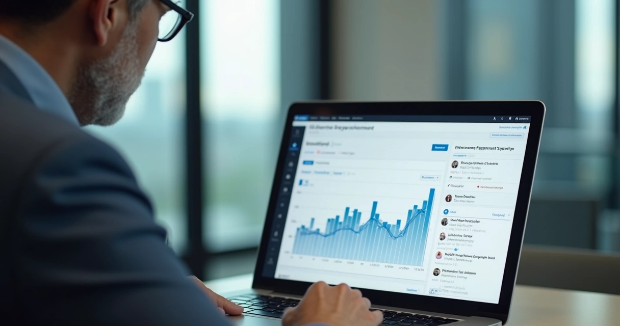 Fundador observando com atenção tela do notebook com gráficos de engajamento do LinkedIn 