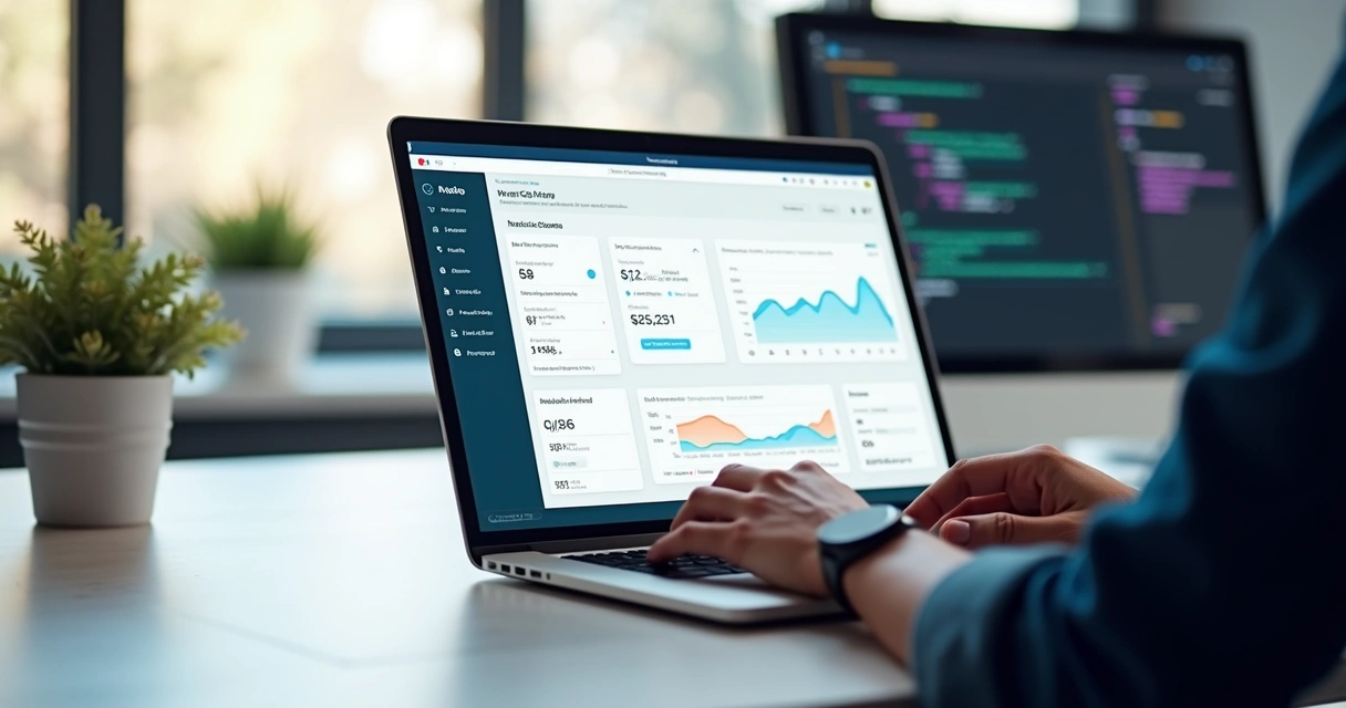 Fundador de SaaS usando laptop com tela mostrando painel de notas fiscais automáticas e gráficos de performance 