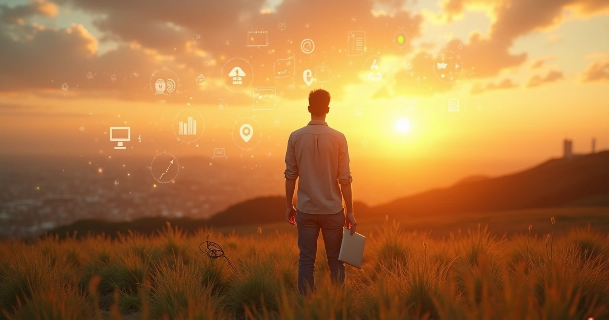 Fundador de SaaS olhando campo aberto com ícones de software no céu 