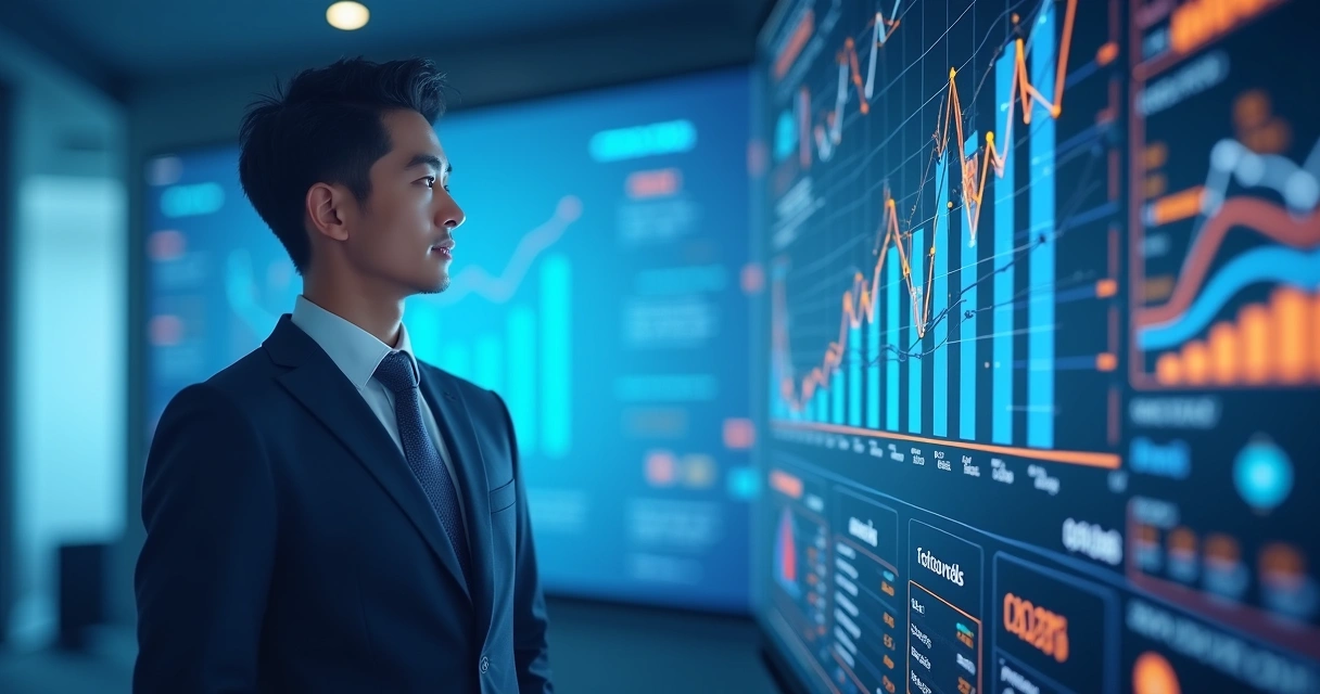 Jovem empresário asiático em terno moderno, de pé em frente a um quadro digital com gráficos de dados e anotações destacadas, ambiente de escritório iluminado por luz azul. 