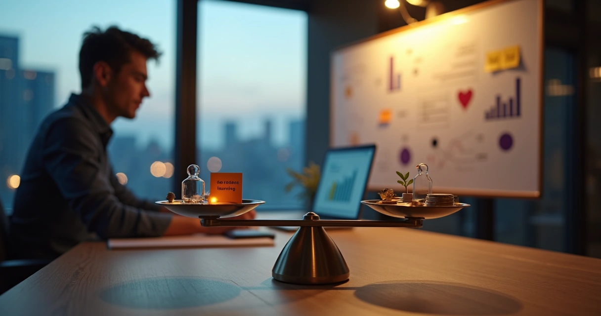 Fundador de startup em escritório com balança equilibrando indicadores humanos e financeiros 