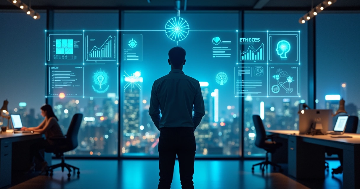 Fundador de startup diante de hologramas de tecnologia e símbolos de ética 