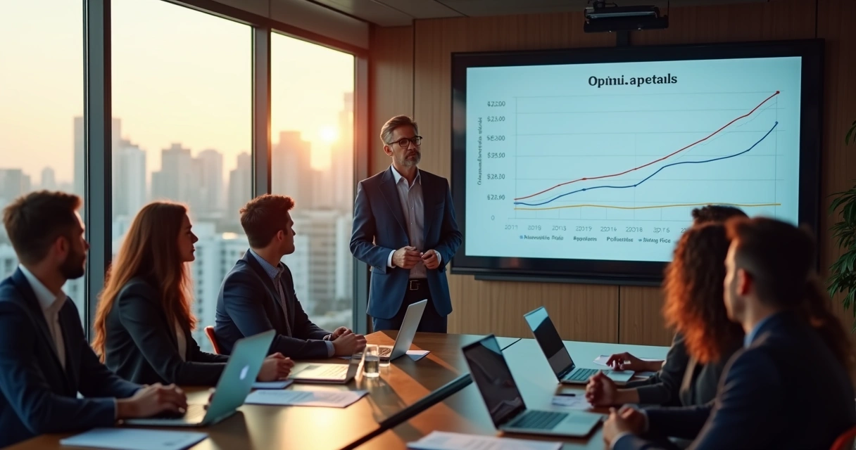 Fundador de startup explicando plano de stock options para equipe em sala de reunião moderna 