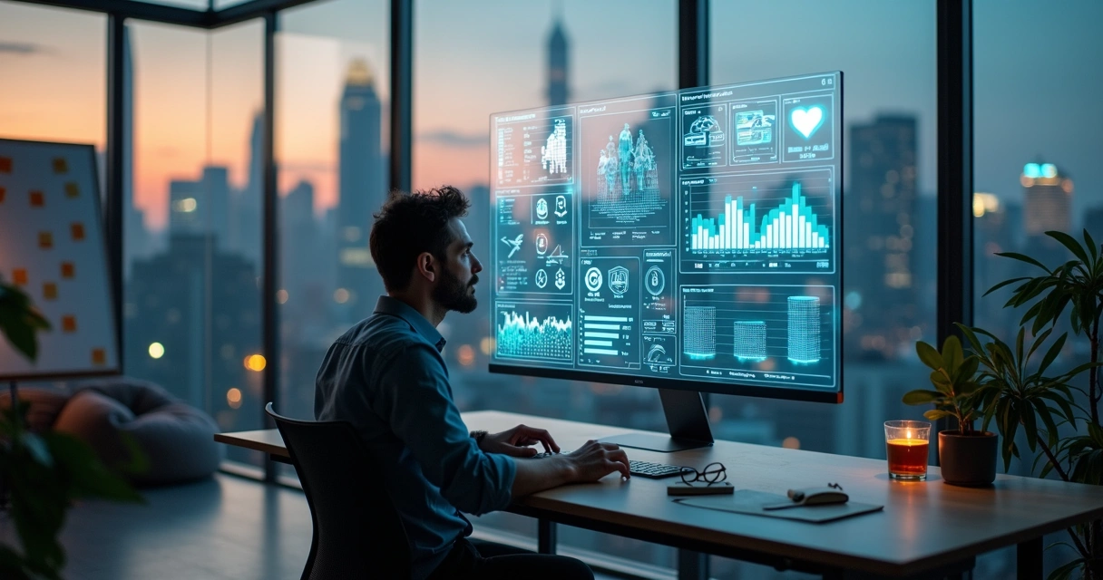 Fundador de startup analisa dados misturados com silhuetas humanas 