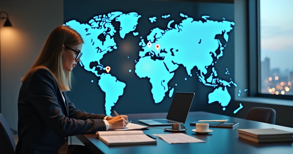 Fundadora de startup analisando estratégia jurídica global em mapa de países projetado na parede 