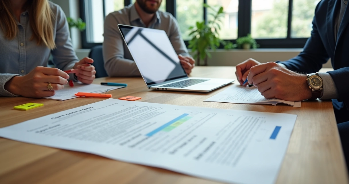 Fundadores de startup em mesa de reunião revisando acordo de vesting com destaque para cláusulas em tela 