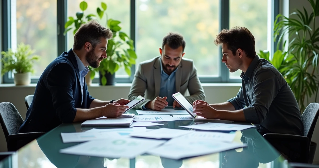 Fundadores analisando documentos de ESG e gráficos em uma sala de reunião