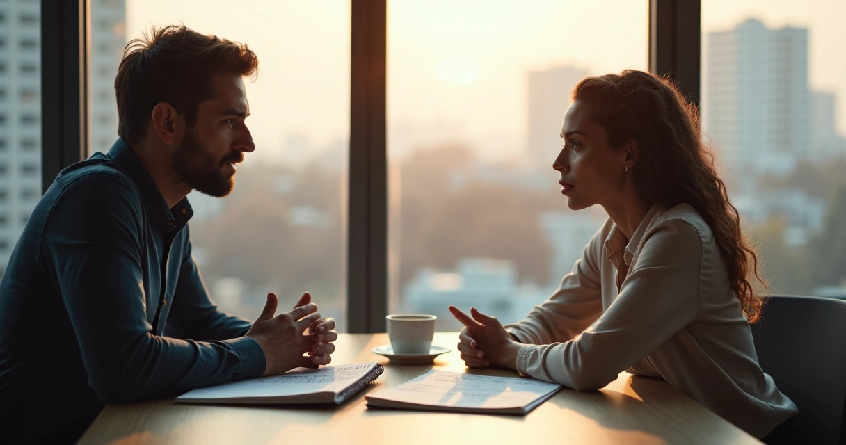Dois fundadores conversando com escuta atenta em escritório