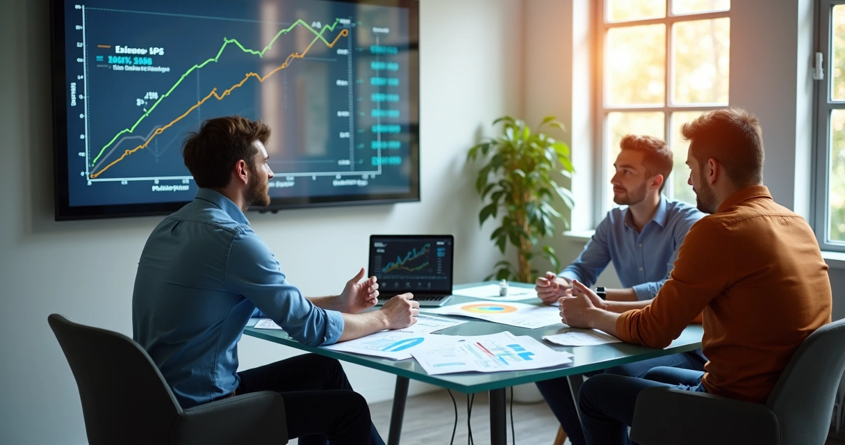 Três pessoas discutindo valuation em uma sala de reunião com gráficos na mesa 