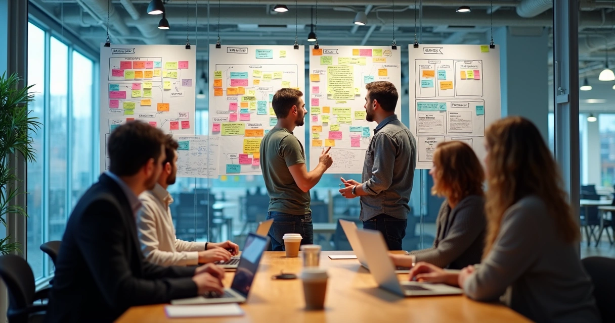 Fundadores colaborando em frente a quadro com frameworks de conteúdo 