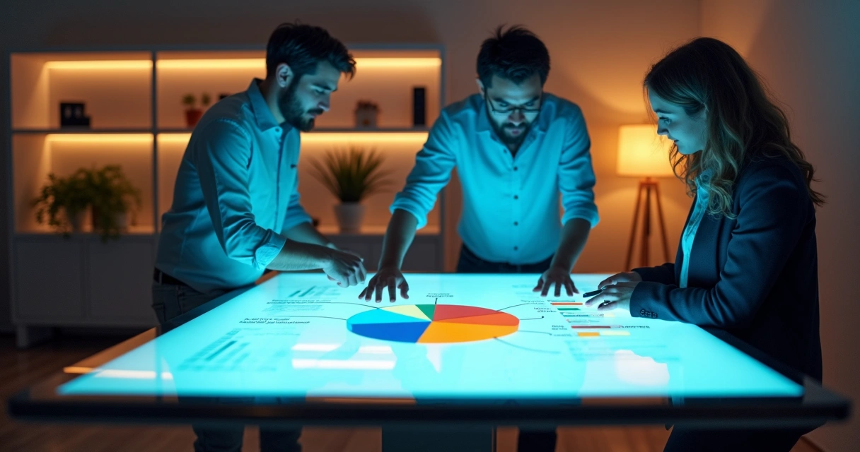 Fundadores de startup dividindo participação em quadro digital iluminado 