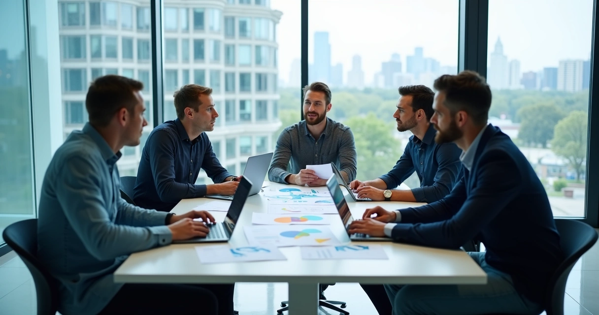 Fundadores de uma startup e investidores negociando em sala de reunião 