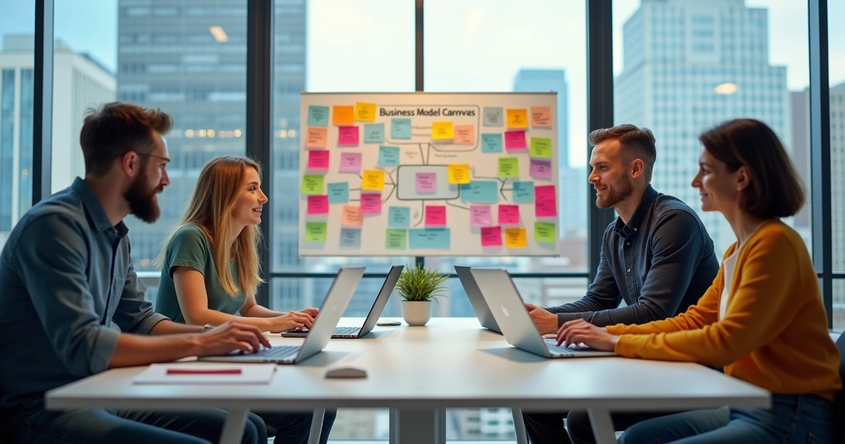 Fundadores de startup em reunião ao redor de uma mesa discutindo ideias 