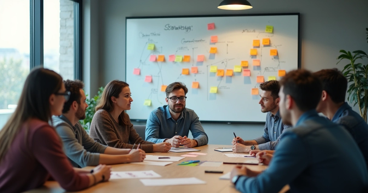 Fundadores de startup em reunião discutindo notas em quadro branco