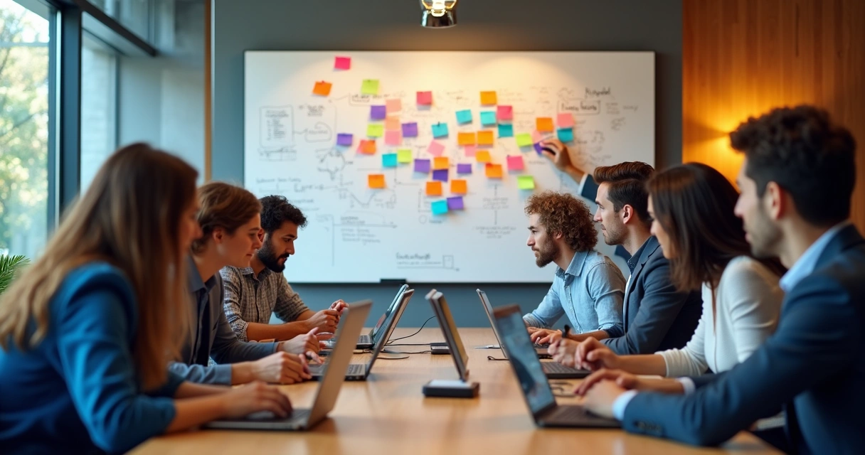 Fundadores discutindo estratégia em sala de reuniões com quadros de ideias