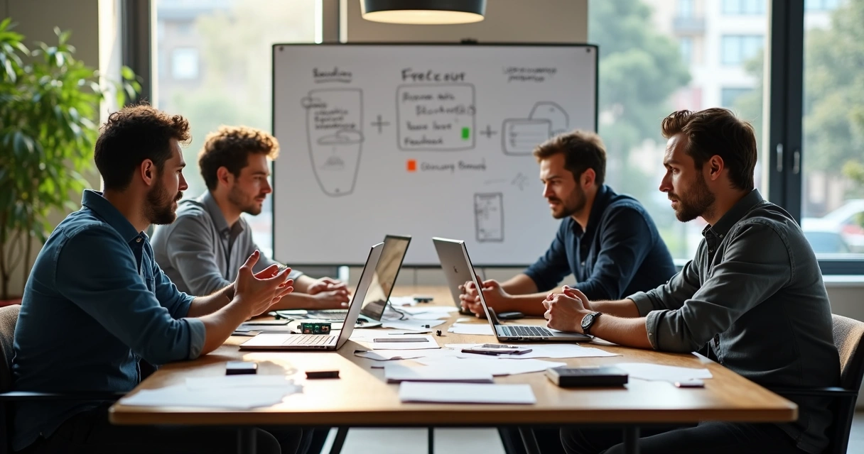 Quatro fundadores de startup em reunião de negócios em escritório moderno com planilhas, protótipos na mesa e quadro branco ao fundo