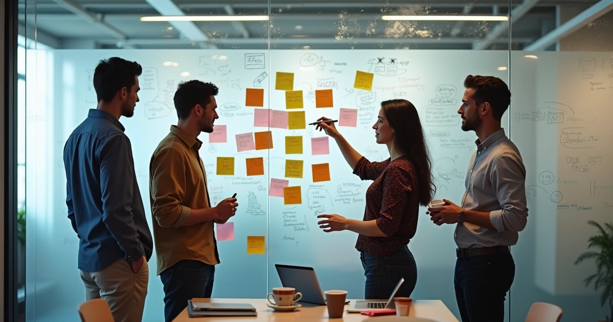 Equipe fundadora de startup em sessão de brainstorming anotando ideias