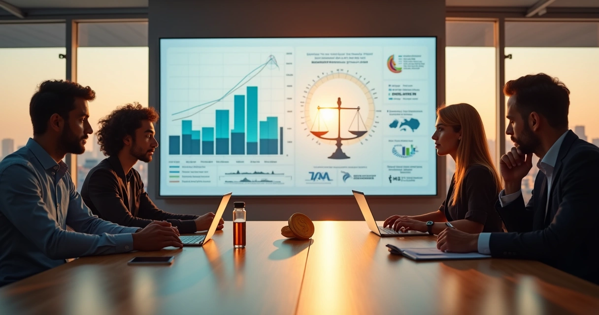 Fundadores de startup e investidores analisam painel equilibrando métricas humanas e financeiras 