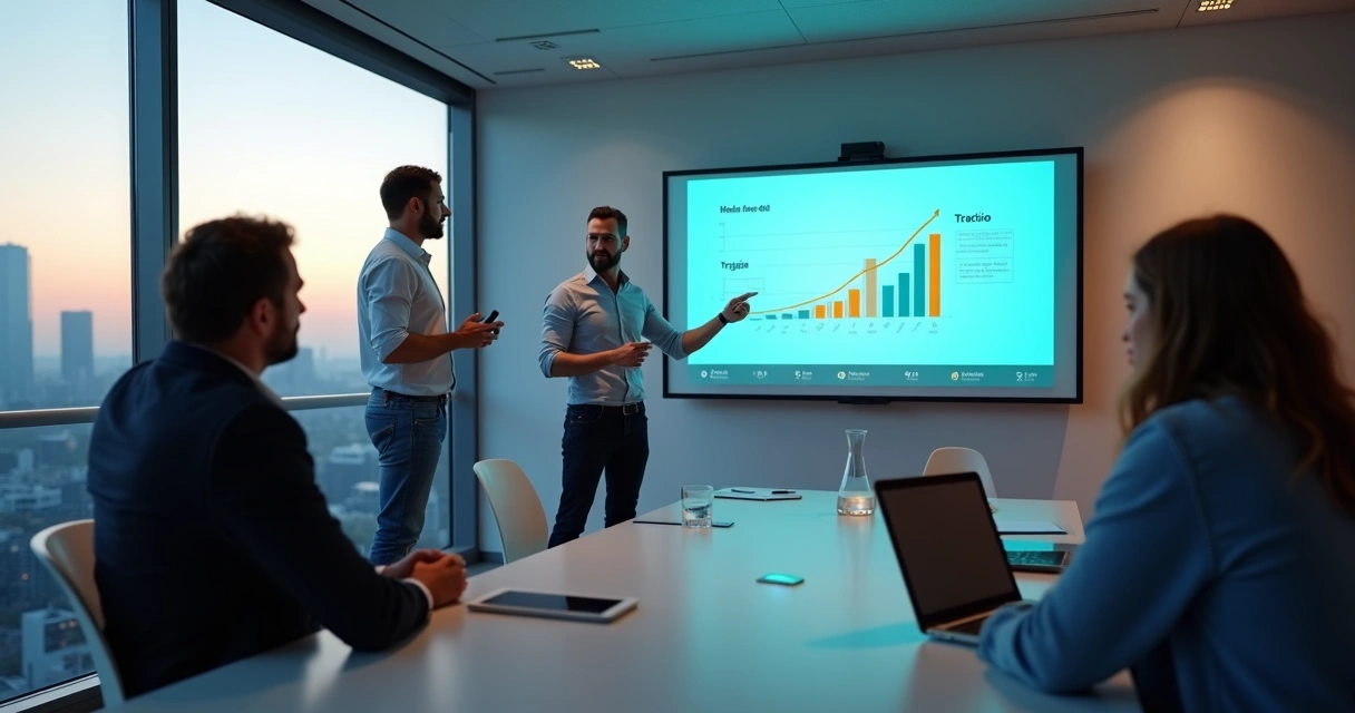Fundadores apresentam pitch deck de startup pré-seed em sala moderna com slide projetado 