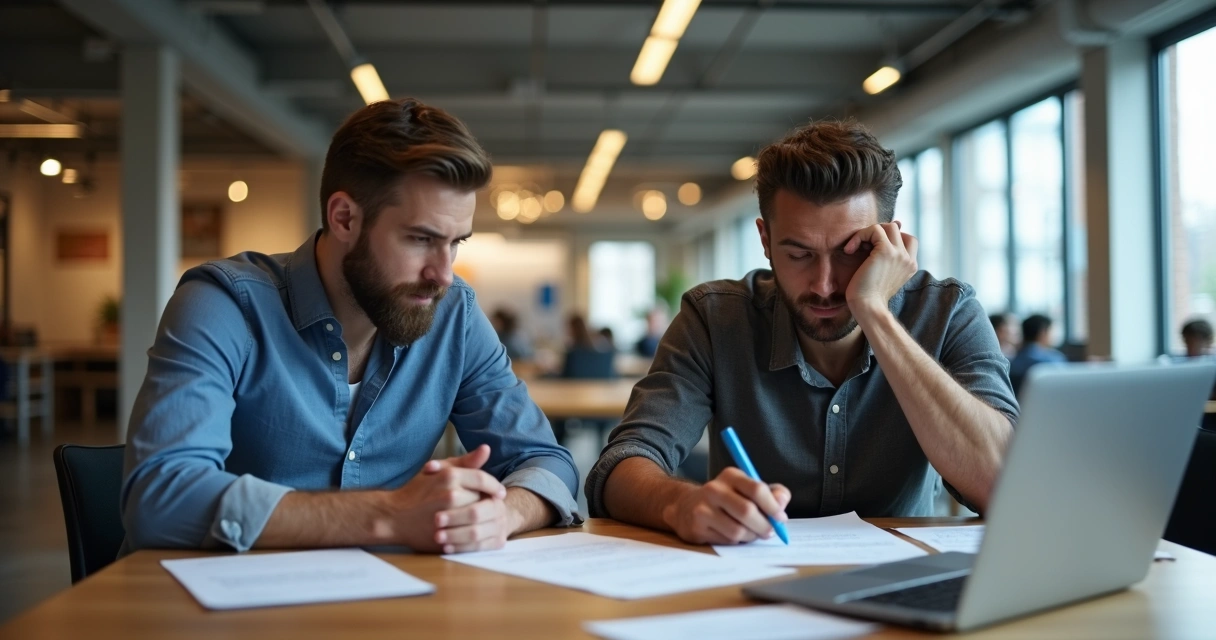 Dois fundadores de startup sentados à mesa, olhando pensativos documentos e laptops, em escritório moderno, com luz suave, transmitindo introspecção e diálogo profundo sobre desafios e crenças 