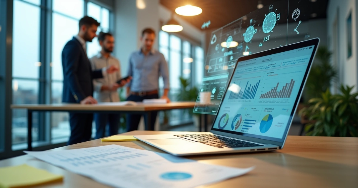 Fundadores de startup avaliando painel de dados em ambiente moderno 