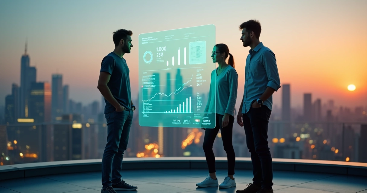 Fundadores de startup observando painel com métricas humanas e de negócio 