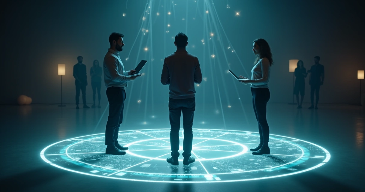 Três fundadores de startup conectados por linhas de luz em ambiente escuro 