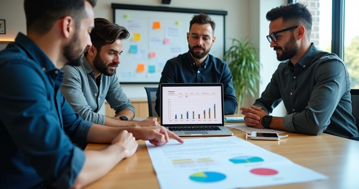 Fundadores de startup analisando contrato de vesting em sala de reunião moderna 