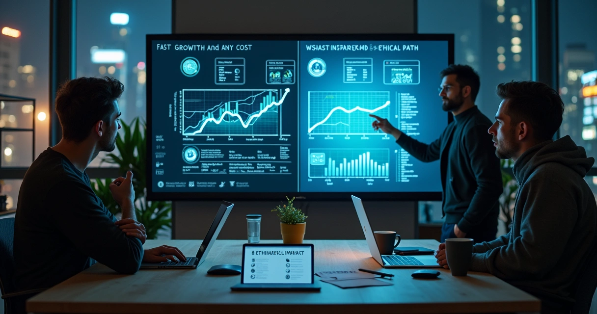 Fundadores de startup analisando opção ética em tela dividida em duas escolhas 