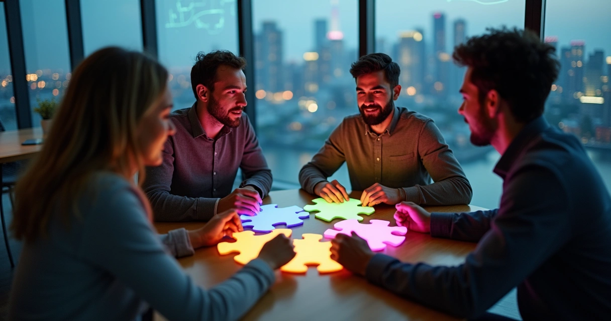 Quatro fundadores de startup em mesa redonda conectando peças de quebra-cabeça coloridas 