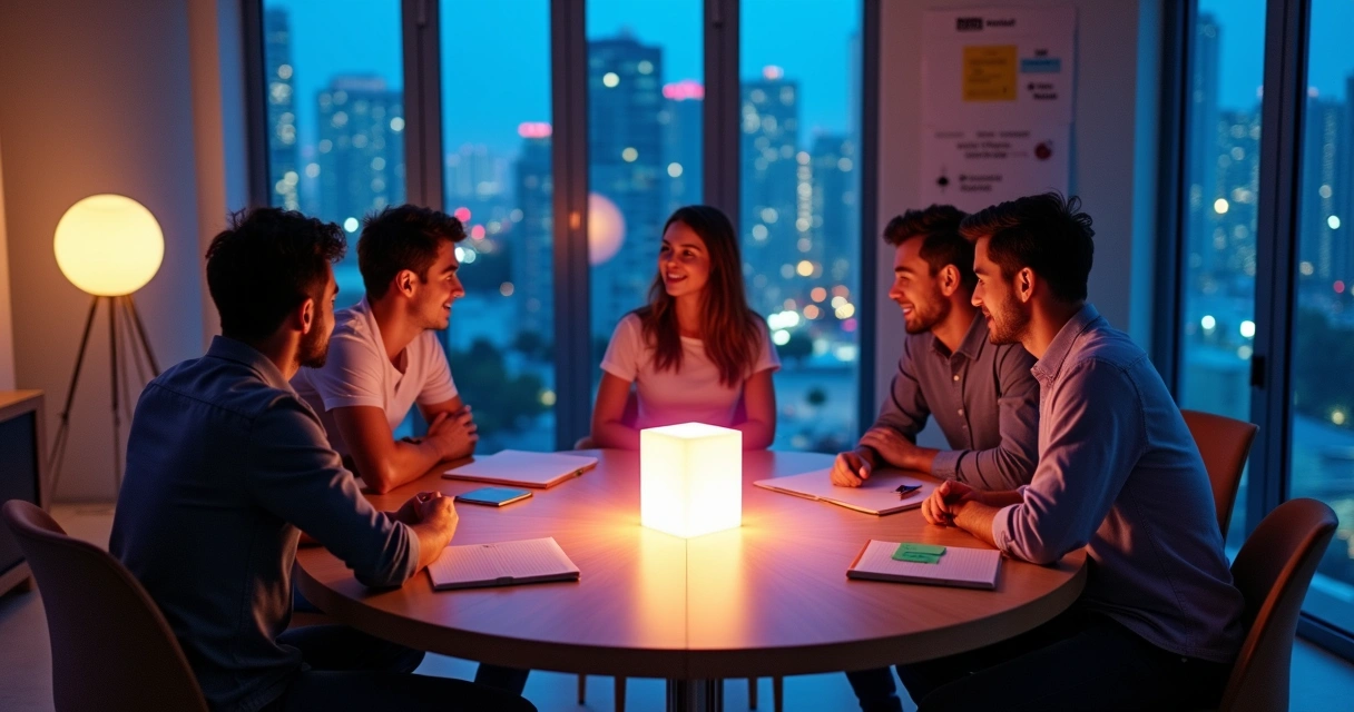 Fundadores de startup brasileiros exibem protótipo luminoso no centro de mesa redonda 