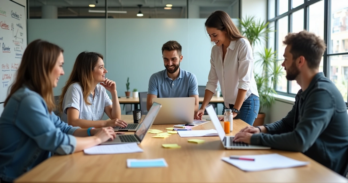 Fundadores de startup discutindo pequenas decisões em um escritório moderno 