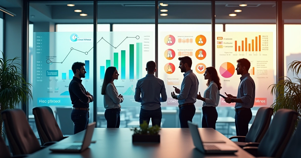 Fundadores de startup analisando painel com métricas humanas e financeiras 