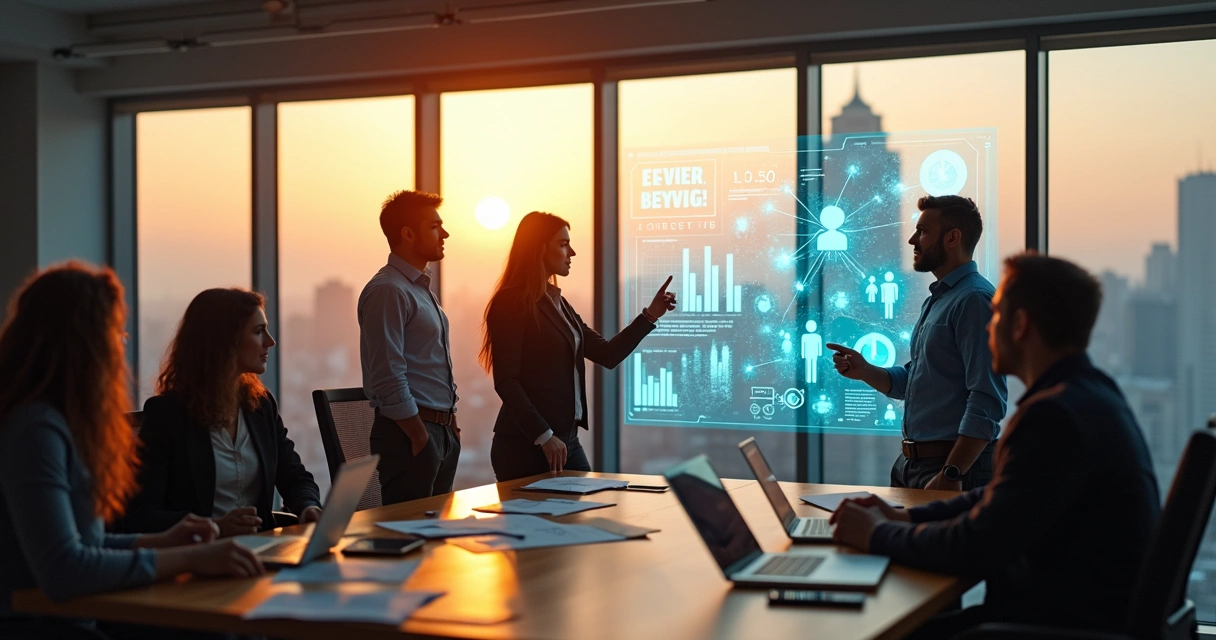 Equipe de fundadores de startup avaliando pessoas e gráficos em um painel digital 