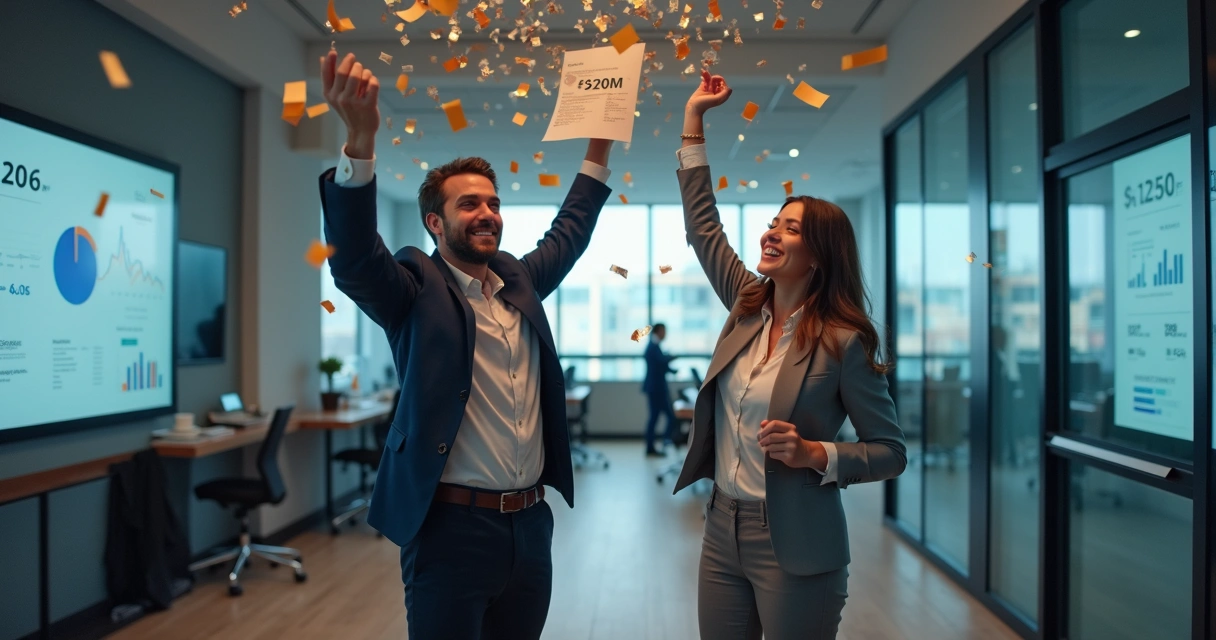 Dois fundadores comemorando a venda de SaaS de alto valor 