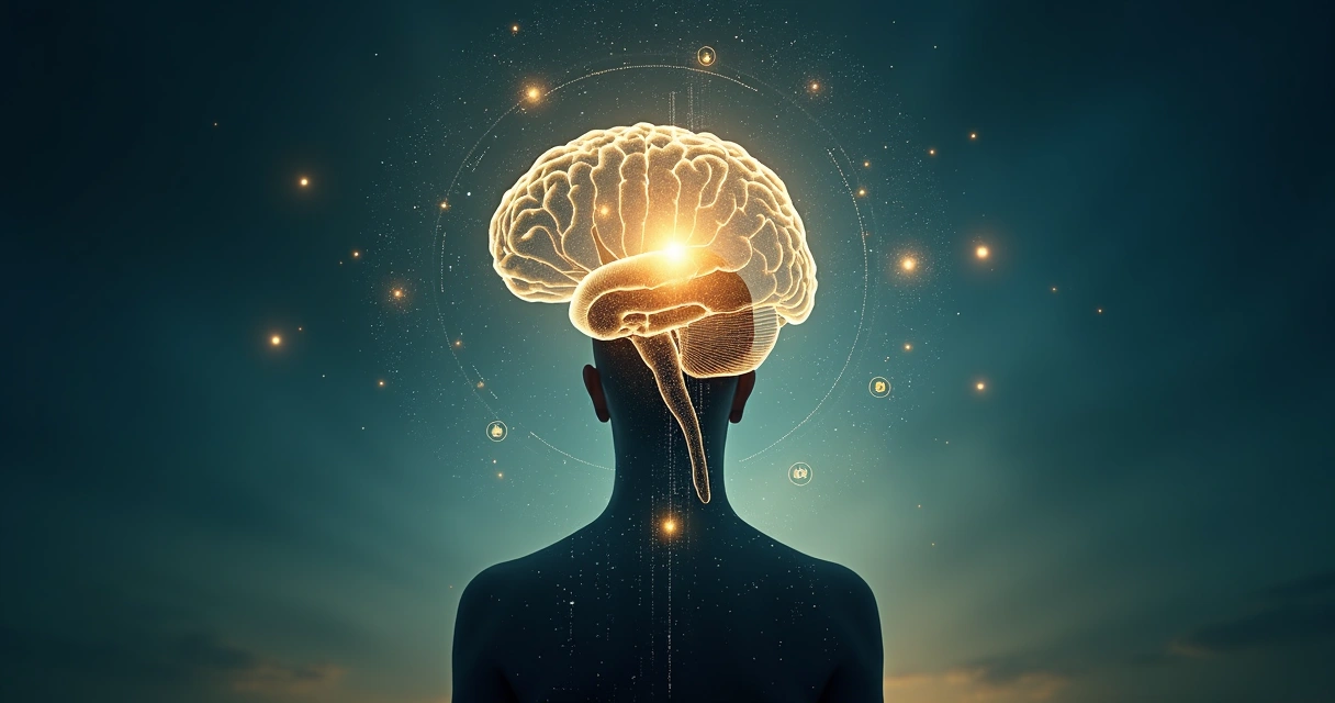 Silhueta humana com cérebro luminoso integrado a formas geométricas e fluxos de luz 