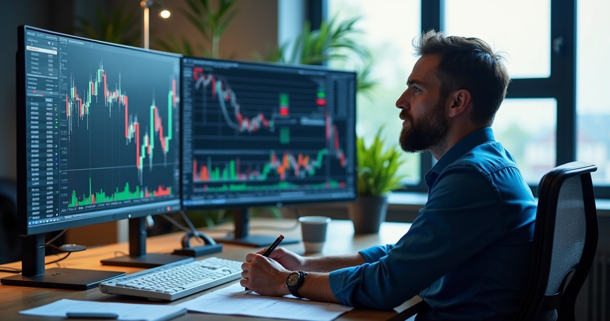 Prop trader analyzing markets on large monitors 
