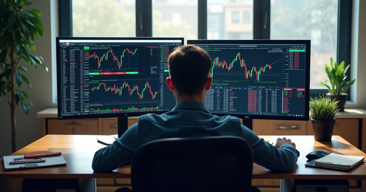 Trader at computer with simulated and funded accounts 