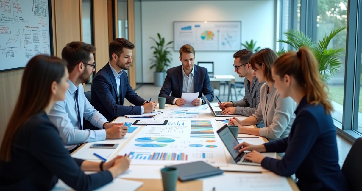 Reunião entre gestores analisando relatório financeiro de fundo de marketing de franquia