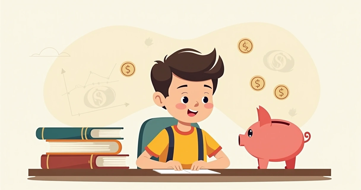 Menino estudando em uma mesa com livros e porquinho cofrinho ao lado 