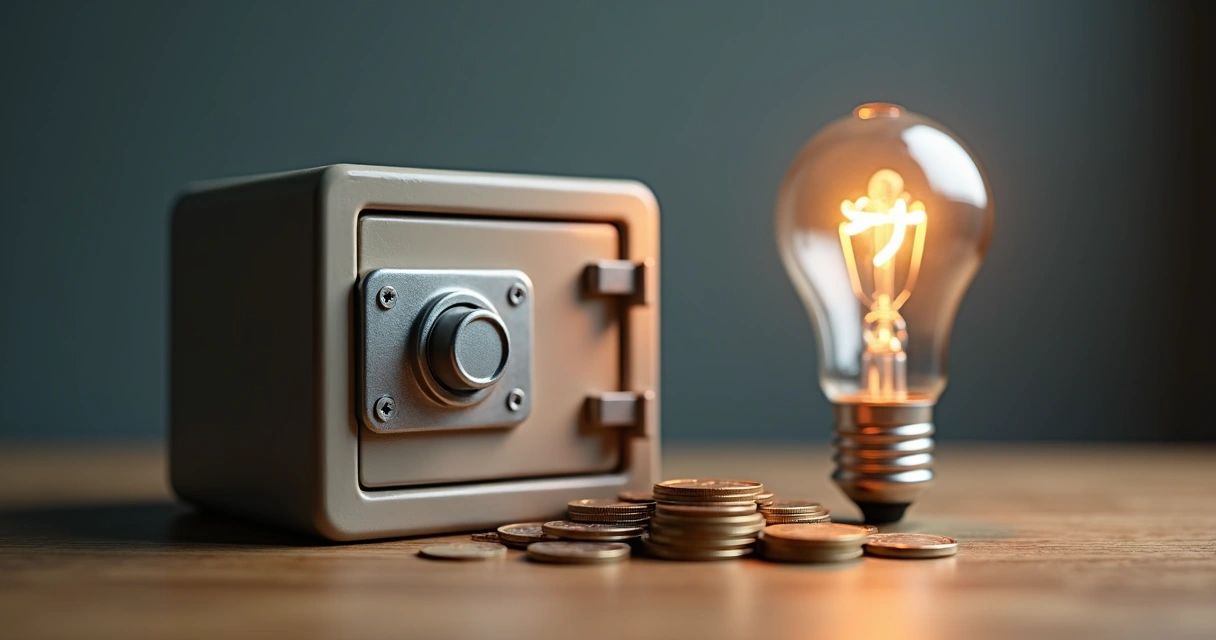 Cofre pequeno com moedas empilhadas ao lado e lâmpada apagada ao fundo