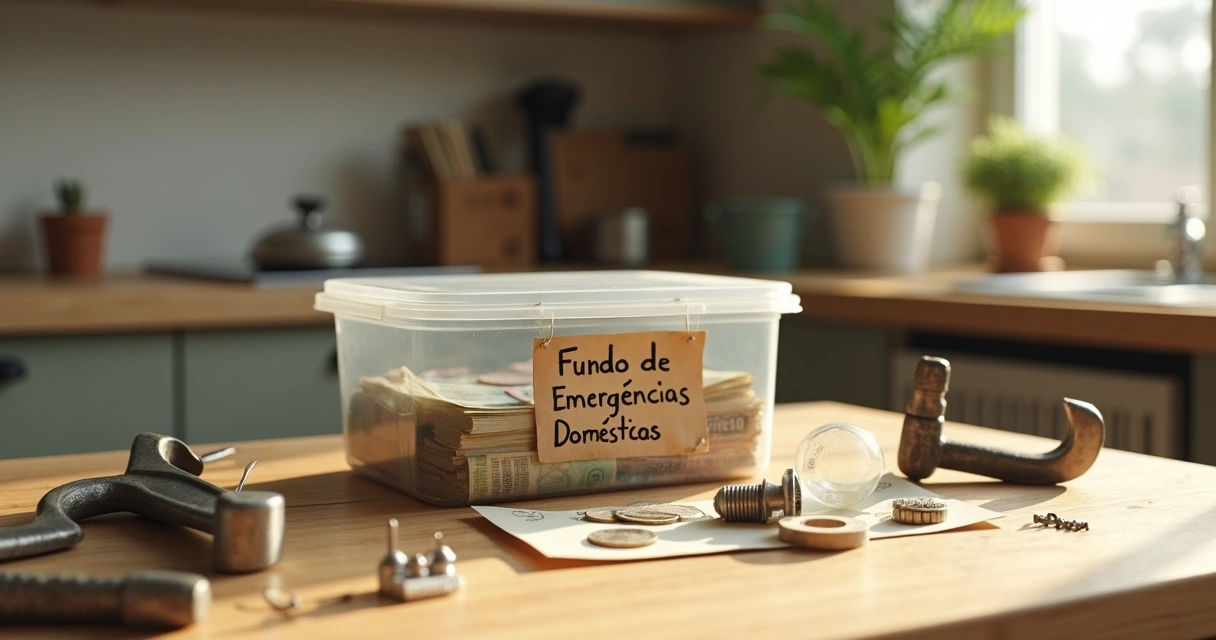 Caixa rotulada para emergências domésticas ao lado de ferramentas e lâmpada queimada em bancada 