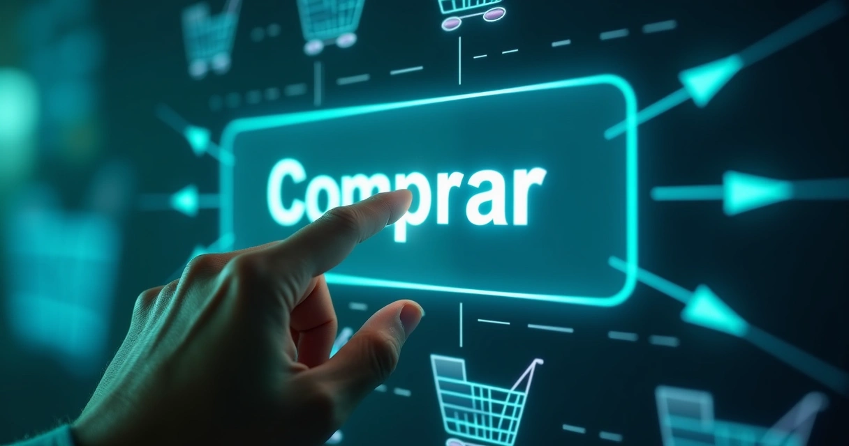 Pessoa apertando botão de ação em um ambiente digital, representando decisão de compra. 