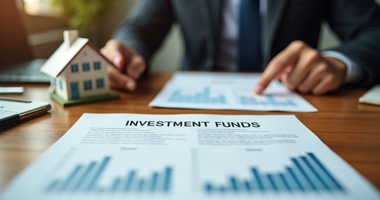 Mesa com documentos sobre fundos de investimento e miniatura de prédio