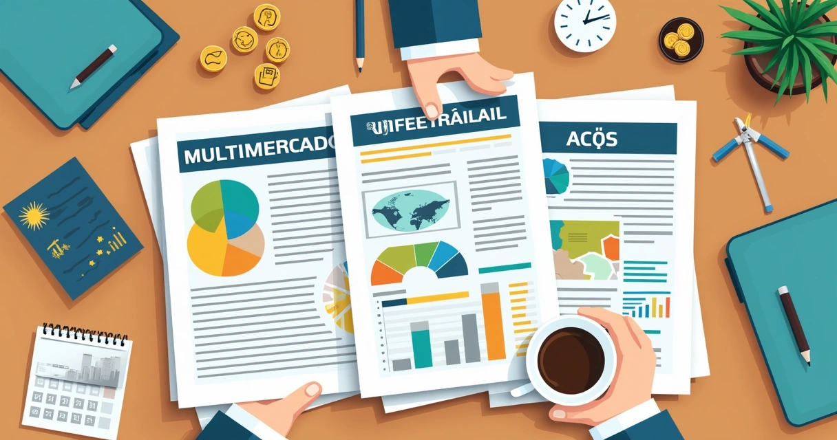 Vários documentos e gráficos coloridos mostrando diversidade de fundos de previdência 